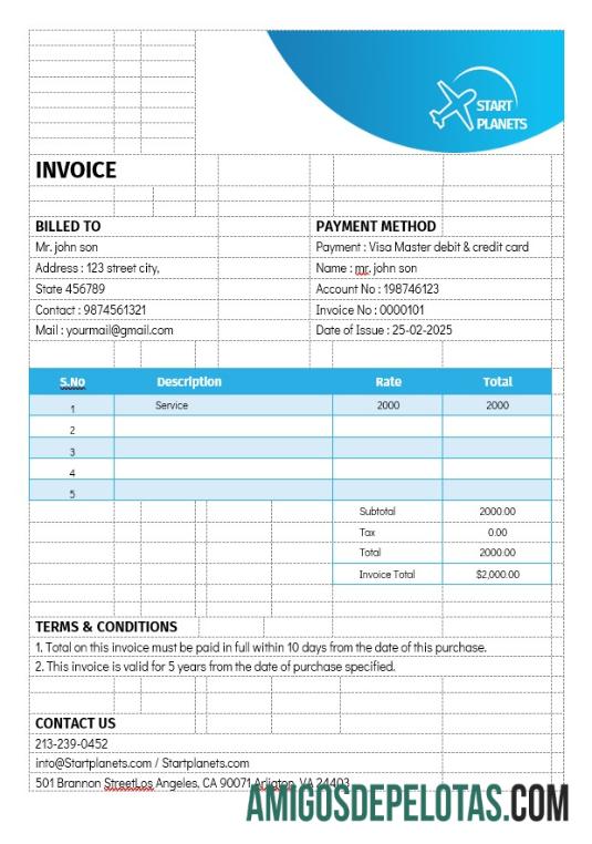 imprimível Modelo de fatura de serviços de aviação de companhias aéreas
